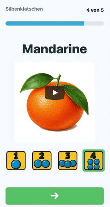 Silbenklatsch-Aufgabe mit einer Mandarine in der Sprechfit-App