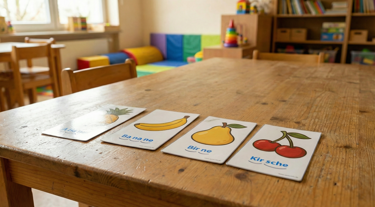 Kindergarten-Silbenkarten mit Obstmotiven