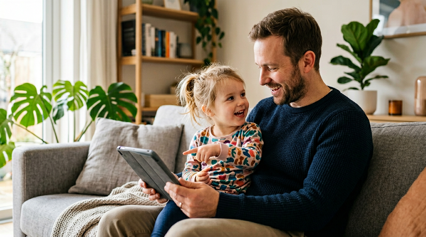 Kind nutzt gemeinsam mit Erwachsenem eine Sprachförder-App