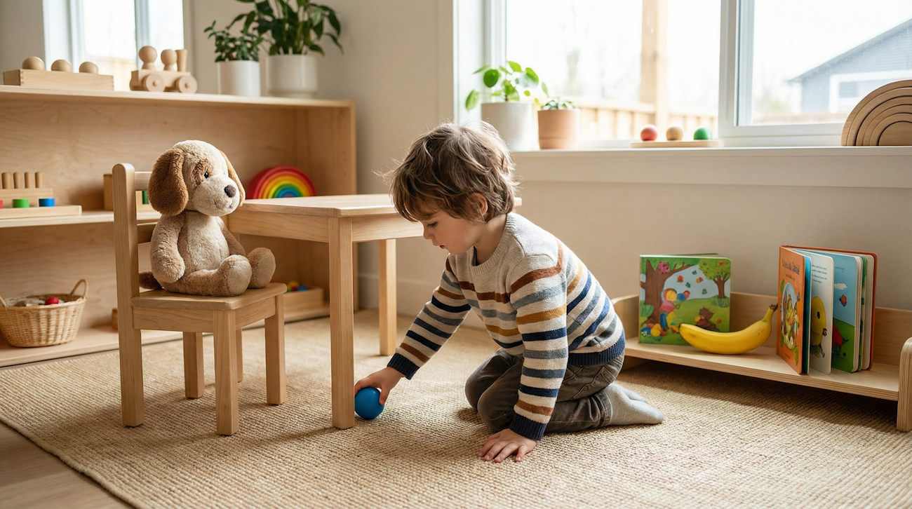 Kindergartenkind legt Ball unter den Tisch