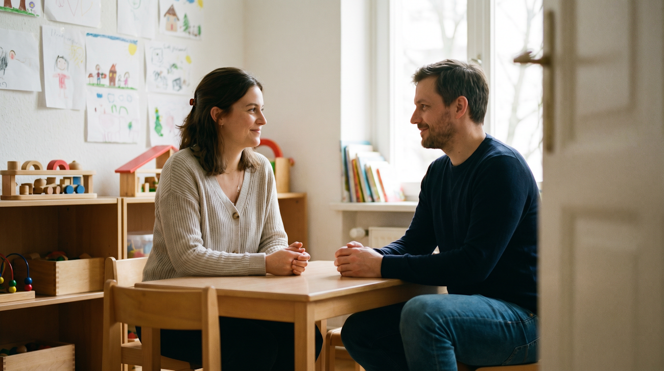 Elternteil im Gespräch mit einer Fachperson, um gemeinsam die beste Unterstützung für das Kind mit Sprachförderbedarf vor der Einschulung zu planen.