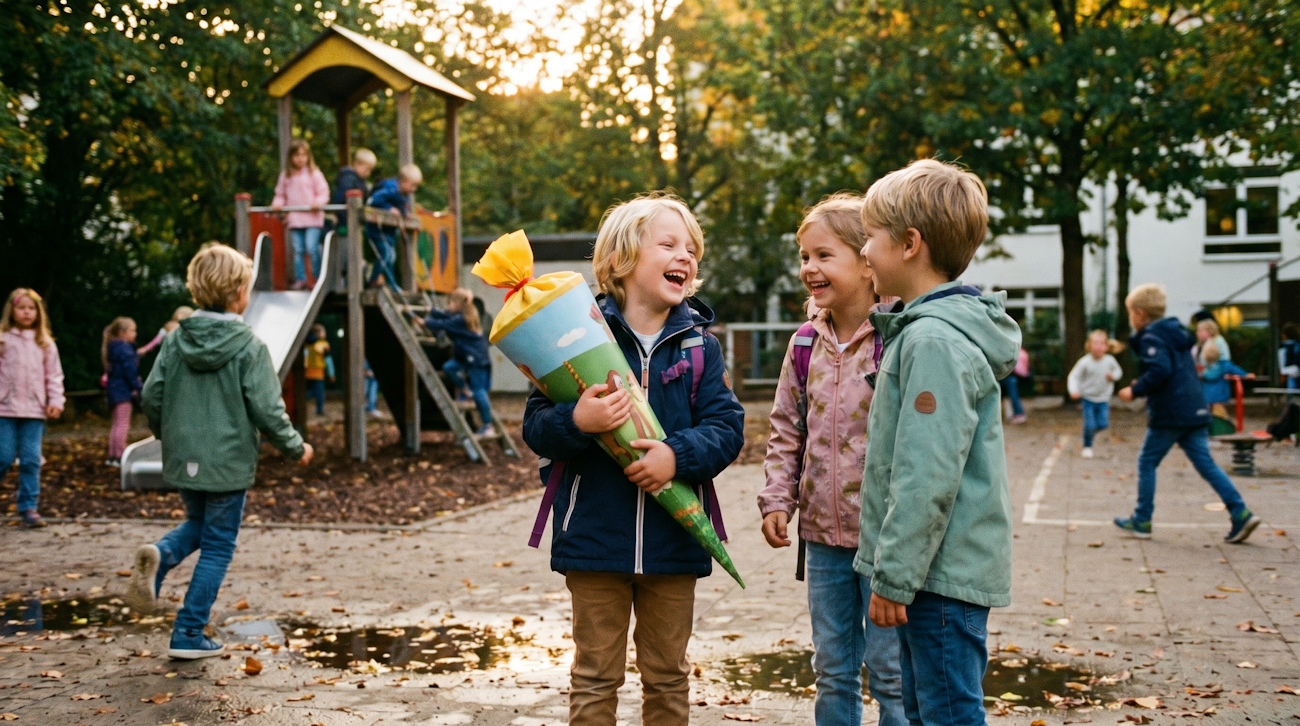 Kinder am ersten Schultag auf dem Schulhof
