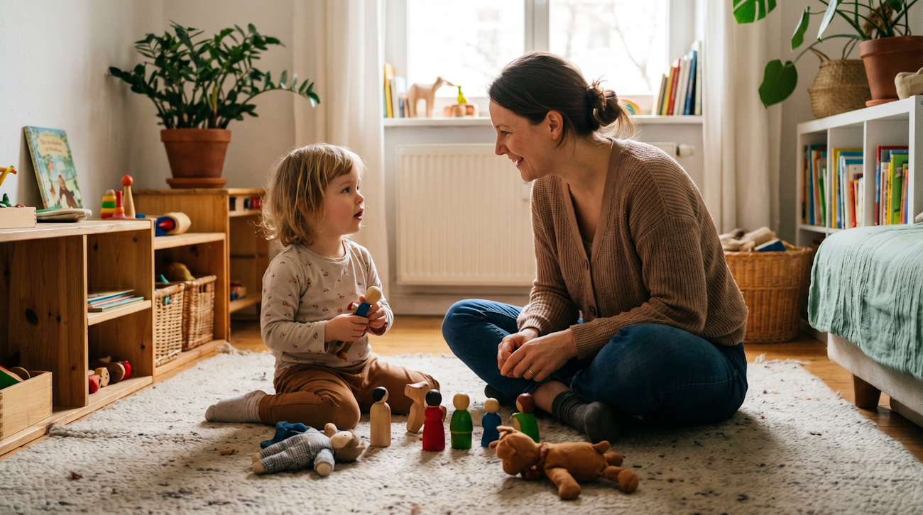 Ein Kleinkind und eine erwachsene Bezugsperson sitzen gemeinsam auf einem hellen Teppich in einem freundlichen, lichtdurchfluteten Raum. Sie spielen mit kleinen Holzfiguren.