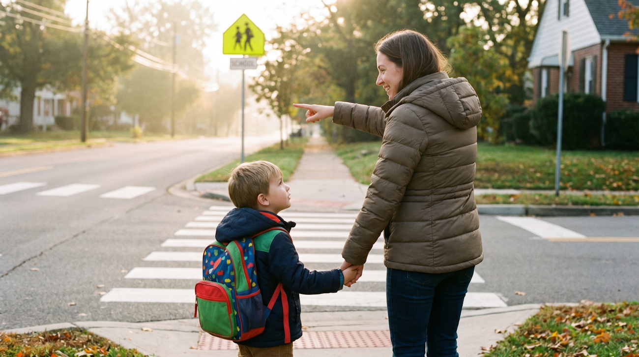 Ein Vorschulkind und ein Elternteil stehen morgens an einer ruhigen Straßenecke. Der Erwachsene zeigt dem aufmerksamen Kind den Weg, um gemeinsam den sicheren Schulweg zu üben.