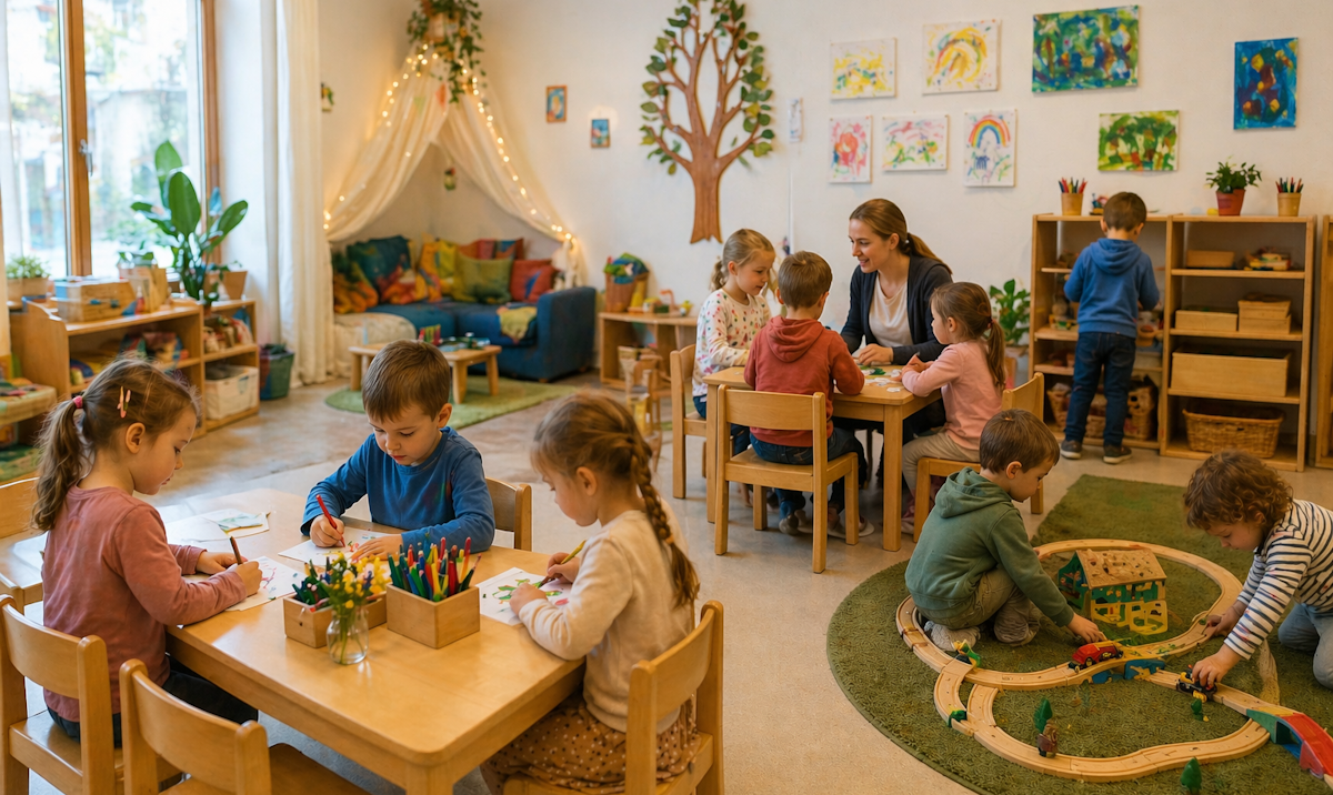 Kinder mit Erzieherin in einer festen Gruppe, die gemeinsam spielen und sprechen