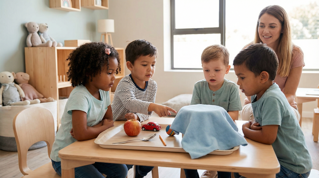 Kinder spielen Kim-Spiele zur Sprachförderung in Kita und Kindergarten