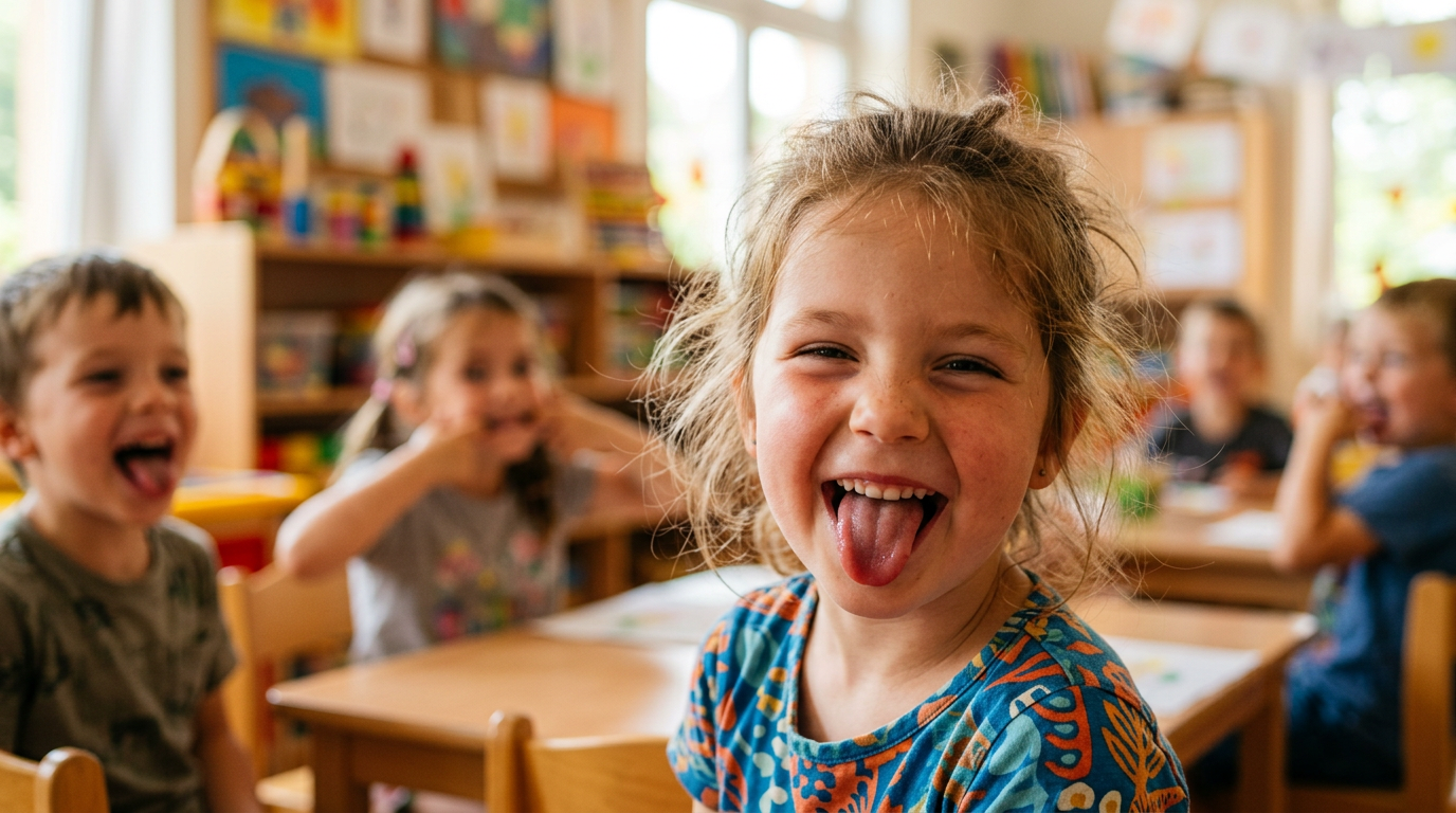 Erzieherin macht mit Kindern spielerische Sprechmotorik Übungen im Kindergarten