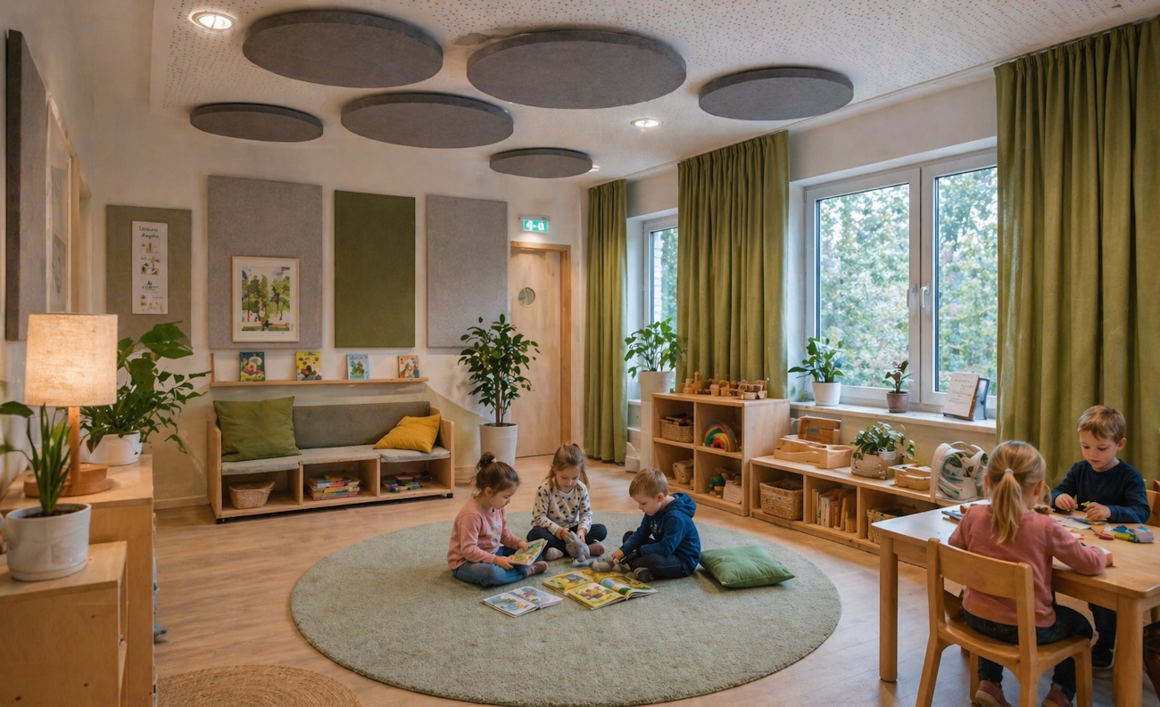 Lärmreduzierende Maßnahmen im Kindergarten durch Vorhänge, Teppiche und Schallschutz