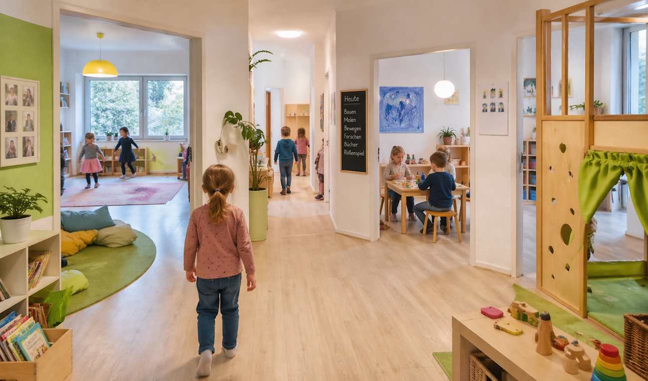 Szene aus einem offenen Kindergarten mit Kindern, die in verschiedenen Räumen spielen